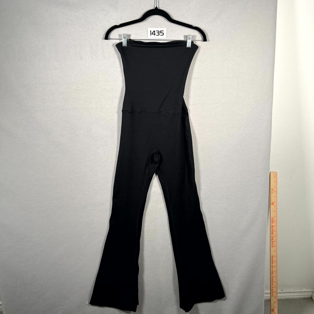 OQQ Strapless Jumpsuit Womens Small Black Nylon Stretch Flared Leg Fitted Yoga